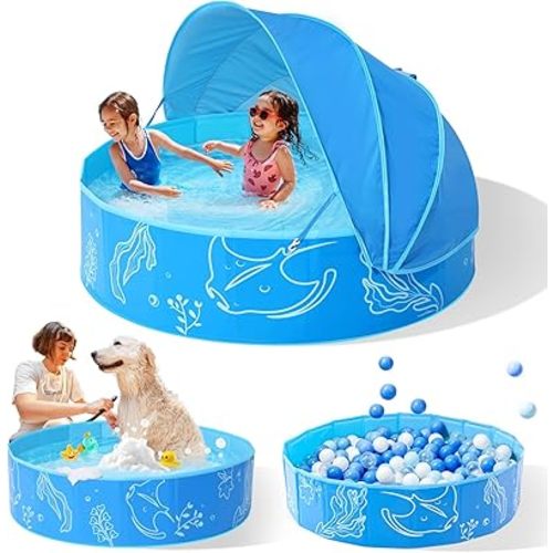 Foldable Kiddie Pool with Canopy: 47in Baby Pool and Beach Tent for Toddlers Infants 6-12 Months and Kids 2-4 Years Old - Portable Water Play with Shade for Outdoor Backyard Beach (Blue-Blue)