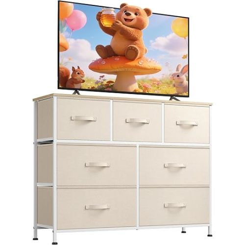 WLIVE 7 Drawer Dresser TV Stand, Entertainment Center, Media Console Table with Metal Frame and Wood Top for TV up to 45 inch, Chest of Drawers for Bedroom, Living Room, Cream White