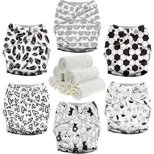 Mama Koala 3.0 Cloth Diapers for Babies with AWJ Lining, 6 Pack with 6 Natural Cloth Diaper Inserts - Reusable and Washable Pocket Diapers (Black & White World)