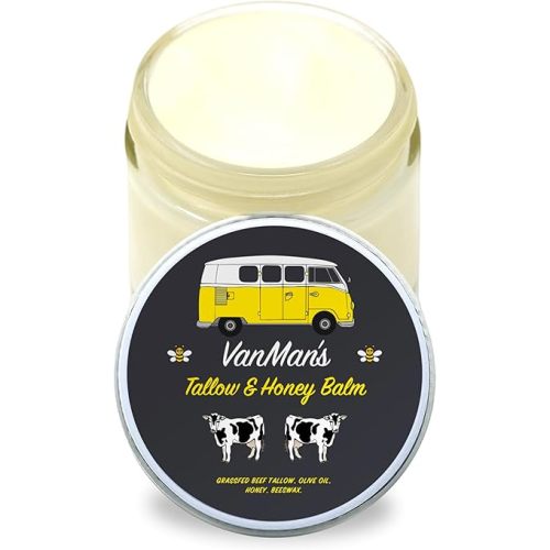 Vanman's Tallow and Honey Balm With No Added Scent - Beef Tallow Face Moisturizer with Grass-Fed/Finished Beef Tallow for Skin, Organic Raw Honey and Beeswax, Cold Pressed Olive Oil - 2 oz