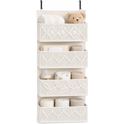 Macrame Over the Door Organizer, Boho Nursery Door Organizer with 4 Large Hanging Pockets, Over Door Baby Organizer for Diapers, Wipes, Bathroom, Bedroom