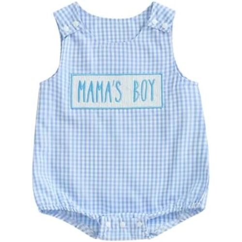 KMBANGI Mama's Boy Baby Boy Clothes Sleeveless Smocked Romper Boys Overall Romper Shortall Infant Mother's Day Outfit 0-18M