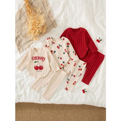 SHEIN Vintaside Kids 6pcs/Set Newborn Baby Girls Autumn/Winter New Rib Knit Fabric Apricot Cherry Blossom Print Shoulder Snap Closure Outfit, 3 Sets Of Long Sleeve Tops And Pants, Fashion Casual Cute Matching Outfits | SHEIN