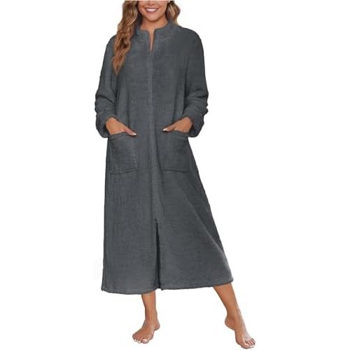 Ekouaer Women Zipper Robe Fleece Long Sleeves Bathrobe Sleepwear Warm Soft Housecoat with Pockets Zip Up House Dresses