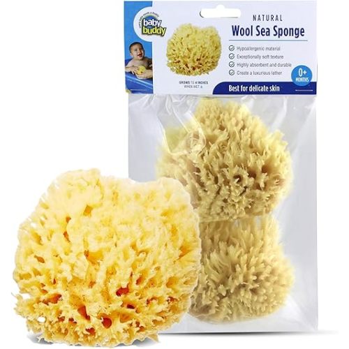 Baby Buddy Absorbent Natural Bath Sponge, Ultra Soft Premium Sea Wool Sponge, Soft on Baby's Tender Skin, Bath Accessories Baby and Kids, Infant Bath, Biodegradable, Hypoallergenic, Brown 4in, 2 Pack