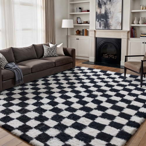 BERTHMEER 8'×10' Shag Ultra-Soft Area Rugs，Fluffy Rugs Carpets for Living Room Nursery Bedroom High-Plie Soft Checkered Rugs, Black White