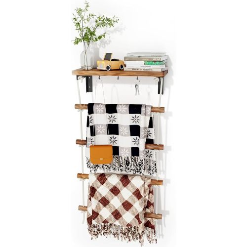 5 Tier Wall Blanket Ladder Floating Shelves, with Rustic Rope Wooden Blanket Storage, Throw, Towel, Quilt Rack for The Living Room, Bathroom, Bedroom, Farmhouse Wall Blanket Holder, Brown