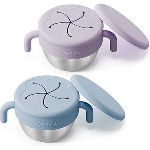 Fimibuke Snack Containers for Toddlers Kids, 12 OZ Spill Proof Stainless Steel Baby Snack Cups with Removable Silicone Food Catcher, Handles & Travel Lid BPA-Free Dishwasher Safe Food Container 2 Pack