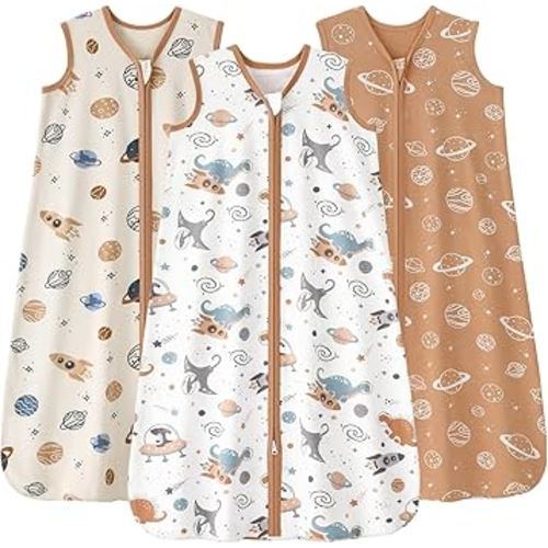 Baby Sleep Sack 6-12 months, 100% Cotton Sleeping Sack for Newborn and Infant, 3 Pack Baby Wearable Blanket for Boy and Girl, 0.5 Tog Lightweight Double Zipper Sleep Bag Coffee Dinosaur Planet