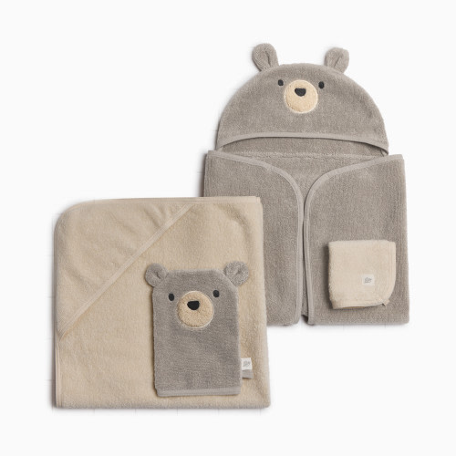 Tiny Kind Cozy Critter Organic Cotton Bath Time 4-Piece Set - Taupe Bear, 0-12 M