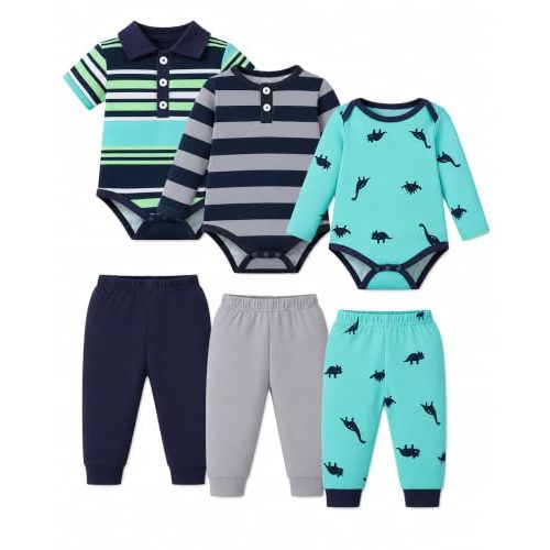 Jecson Baby Boy Clothes 6 Piece Stretch Bodysuit and Pants Outfit for 0-12M | Soft stretchy knit flexes with baby while three bodysuits and three pants mix and match for comfortable everyday wear at home