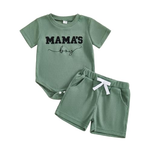 Kupretty Baby Boy Clothes Daddy's Mini Waffle Knit Romper Shorts Set | 3 6 12 18 Months Boys Clothing Set Infant Summer Outfit Embroidery Short Sleeve Bodysuit & Matching Shorts Set