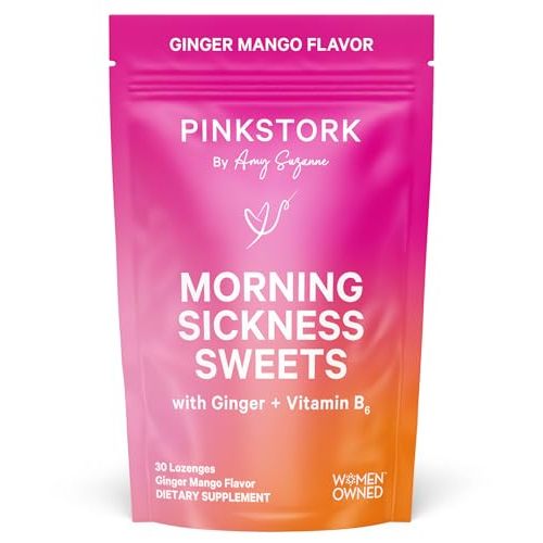 Pink Stork Morning Sickness Sweets, Organic Mango Ginger Candy with Vitamin B6 for Morning Sickness, Motion Sickness, Prenatal Heartburn - Pregnancy Must Haves - 30 Wrapped Drops