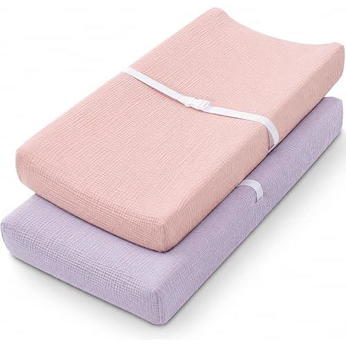 Pro Goleem Muslin Changing Pad Cover for Girls, Soft Breathable Fitted Cotton Diaper Changing Table Pad Sheets, 2 Pack (Pink＆Purple)