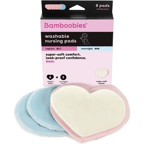 Bamboobies Women’s Nursing Pads, Reusable and Washable, Blue and Light Pink, 3 Regular Pairs and 1 Overnight Pairs, Leak-Proof Pads for Breastfeeding, 4 Pairs