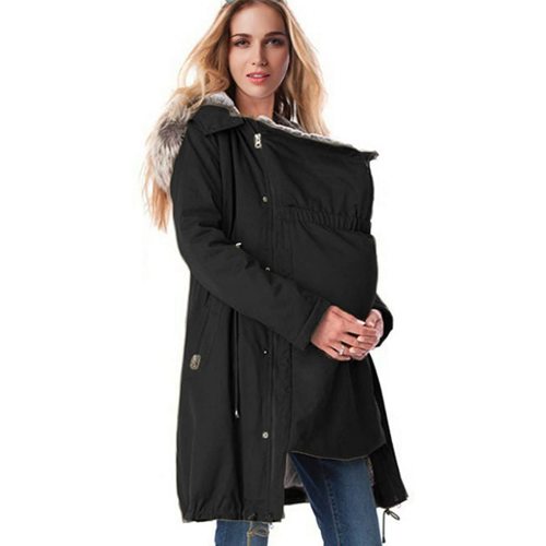 3In1 Kangaroo Pregnant Jacket Maternity Fleece Hooded Sweatshirt Warm Casual Sports top - Black - XL-XLarge