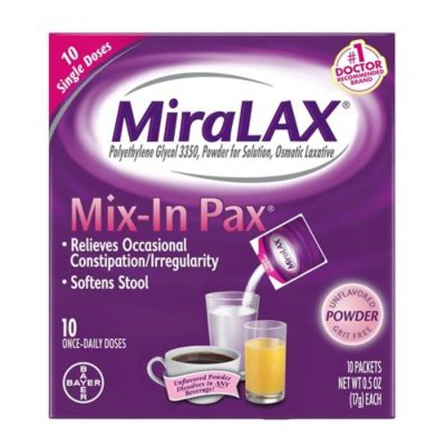 MiraLAX Mix-In Pax, Nonstimulant Laxative Powder, Gentle Constipation Relief, No Harsh Side Effects, OTC Laxative Brand - Unflavored - 10ct