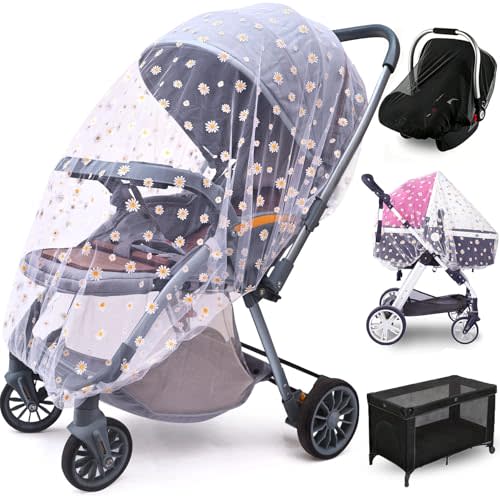 Baby Stroller Mosquito Net (2 Pack) - Durable Mesh Protection for Bassinets, Cradles, Playards, Pack N Plays & Portable Mini Cribs | Breathable Universal Fit Insect Barrier (Black + Daisy)