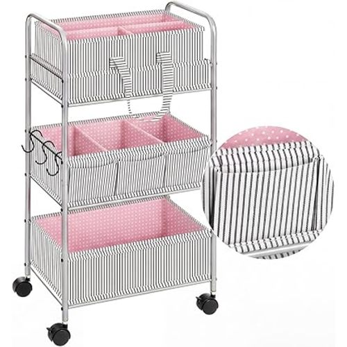 WILLBOND 2 in 1 Baby Diaper Caddy Organizer Cart, 3 Tier Large Stripe Bedside Rolling Cart Metal for Baby Essential with Divider for Newborn Registry Must Have Nursery Bedroom Mother Gift(Pink)