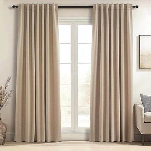 Topfinel Blackout Linen Blend Curtains 84 inch Long 2 Panels,Back Tab with Hooks,Light Blocking Thermal Insulated Draperies Modern Farmhouse Textured Curtains for Living Room Dining Room,Tan Camel