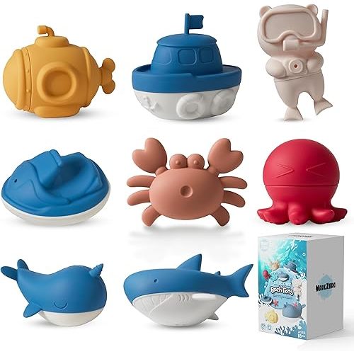 MarcZero Ocean Silicone Bath Toys 8Pcs for Toddlers Kids Babies,Bathtub Water Toys,Soft Squeezable Easy-Grip Pool Toys Set (Blue)
