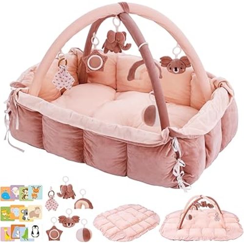 5-in-1 Baby Play Gym and Tummy Time Mat, 12 Learning Cards, Plush Activity Mat with 6 Toys, Baby Gym, Convertible to Ball Pit, Baby Gift, Pink