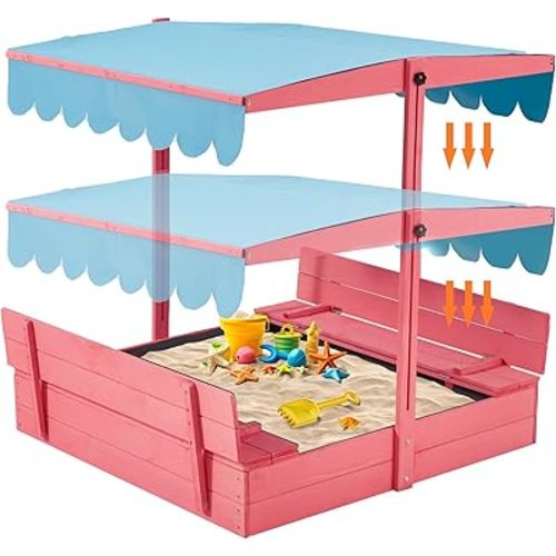 YOLENY Sandbox with Lid,Kids Sandbox with Cover Outdoor,Wooden Sand Box with 2 Foldable Bench Seats for Ages 2-8, Adjustable UV-Resistant Roof & Bottom Liner for Backyard,Beach