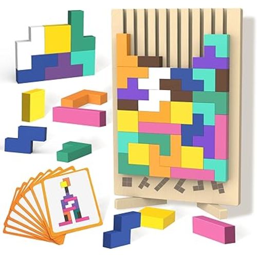 Wooden Block Puzzle Montessori Toy，Colorful Stacking Game Educational Puzzle Jigsaw Puzzles for Toddlers and Kids, Brain Teaser Wooden Toy Gift for 3 4 5 Year Old Boys and Girls
