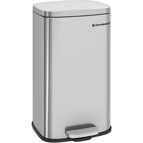 SONGMICS Trash Can with Lid, 8 Gallon Garbage Can, Stainless Steel Small Waste Bin with Step Pedal and Inner Bucket, Soft Close, Kitchen, Silver ULTB03NL