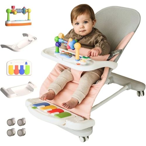 CuddoBaby Baby Bouncer 4-in-1 on Wheels, Detachable Pianos, Feeding Tray, 3-Level Recline Foldable Seat with Play Bar for Infant to ToddlerGrow with Baby, Breathable Mesh, 3-Level Recline Foldable Seat, for Infant to Toddler 0-12M