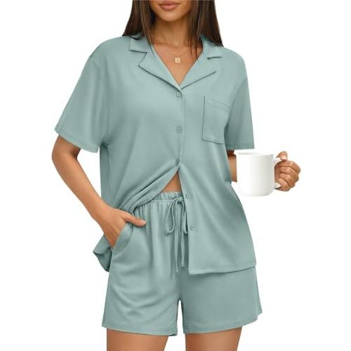 Trendy Queen Pajamas Set for Women 2 Piece Short Sleeve Sleepwear Button Down Pjs Matching Lounge Sets with Pockets
