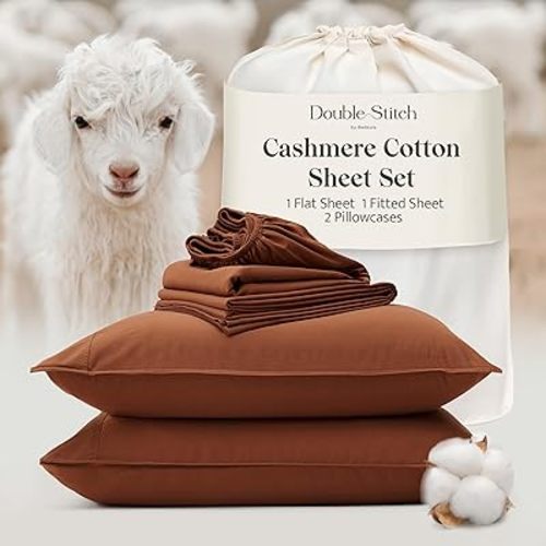 Double Stitch Cashmere Cotton Sheet Set - Mongolian Cashmere and Pima Cotton Blend Sheets King Size, Ultra-Soft, Breathable & Warm Bedding Set, Deep Pocket Up to 16'', Mocha Brown