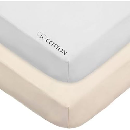 American Baby Company 2 Pack 100% Natural Cotton Fitted Crib Sheets 52" x 28" - Soft, Breathable, Hypoallergenic & Gentle Toddler Bed Sheets, Cream and White, Neutral for Boys & Girls