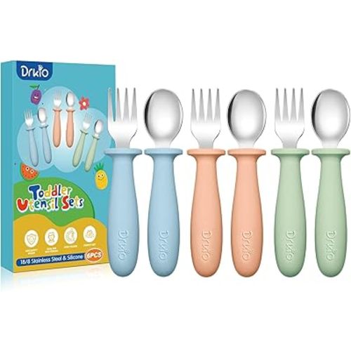 DRKIO 6 Pieces Toddler Utensils Set - Kids Silverware Set with Silicone Handle Children Safe 18/8 Stainless Steel Forks and Spoons Anti-Choke Design Food Grade Dishwasher Safe