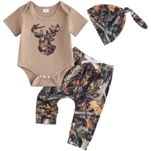 Newborn Baby Boy Hunting Outfit Deer Mallard Duck Short Sleeve Romper Jungle Camo Pants Set Hat 3Pcs Clothes