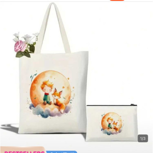 Little Prince Inspired Floral And Fox Cartoon Canvas Tote Bag Elegant And Durable Design Perfect For Book Lovers And Daily Use