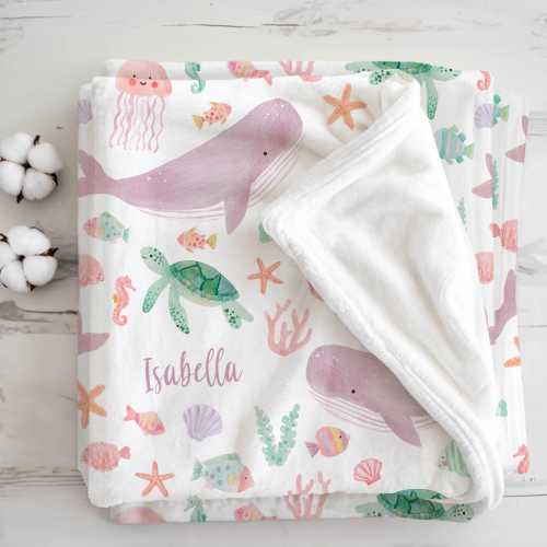 Personalized Under the Sea Baby Blanket Girl, Ocean Animals Swaddle For Babies, Custom Children's Blanket, Velveteen Plush, Jersey Wrap