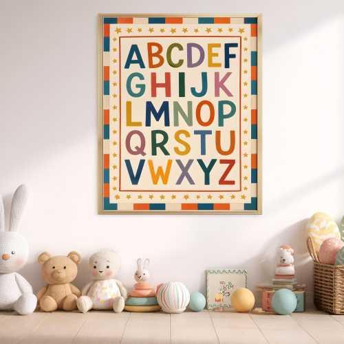 Colorful Alphabet Poster for Kids Room, ABC Nursery Wall Art, Educational Playroom Decor, Retro Learning Chart Rolled Poster
