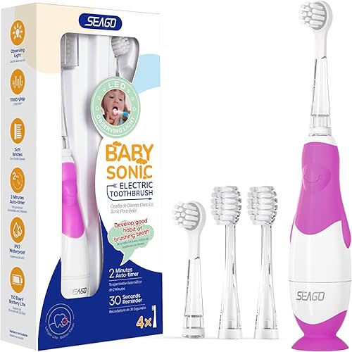 SEAGO Toddler Electric Toothbrushes for Baby Ages 0-3 Years, Baby Toothbrush with Smart Timer and Suction Base, 4 Replacement Brush Heads SG-513(Purple-C)