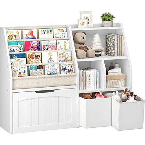 Kids Bookshelf, Children's Bookcase with 4 Sling Book Shelves, Toy Storage Cubby, Fabric Storage Baskets, Wooden Book Shelf for Kids' Room, Playroom, Nursery, Living Rooms, White MCW17WB