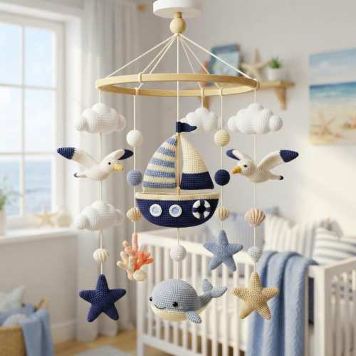 Crochet Nautical Baby Mobile, Sailboat Whale Seagull Crib Mobile, Ocean Nursery Decor, Handmade Coastal Baby Mobile, Baby Shower Gift