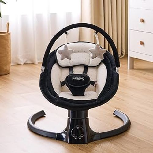 HARPPA Electric Baby Swing for Infants with Music Speaker, 5 Adjustable Speeds, 5-Point Safety Harness, Timer Function, Compact Design for Indoor & Outdoor Use,Black