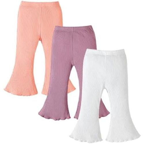 3 Pack Baby Girl Pants: Infant Solid Ribbed Flare Pants Cotton Pull On Bottoms Leggings for Toddler 0-24 Months