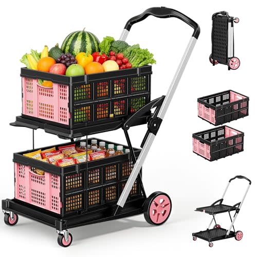 8-in-1 Max 200LBS Collapsible Shopping Cart on Wheels with 2 Storage Crates, Portable Foldable Shopping Cart with Foot Brake for Picnic, Supermarket, Office, Pink-2026 Upgraded