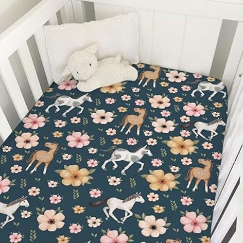 Watercolor Horse Floral Baby Crib Sheets 52''x28'' Cute Horses Boho Retro Flowers Navy Fitted Crib Mattress Cover for Boy Girl Soft Nursery Baby Bed Sheets for Standard Size Crib and Toddler Mattress