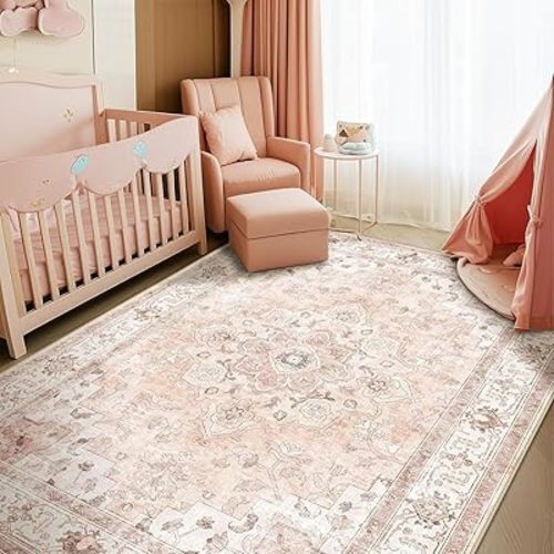 CAPALOCA Machine Washable Rugs Nursery Rug 5x8 Cute Girl Non Slip Low Pile Water Repellent Soft Print Pattern for Bedroom Indoor Decor Kids Playroom Pink