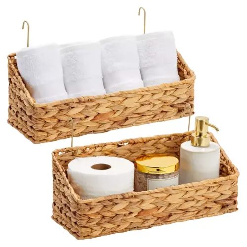 Farmlyn Creek 2 Pack Wall Mounted Decorative Hyacinth Storage Baskets With Hooks For Bathroom, Laundry Room, Nursery
