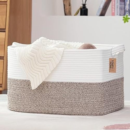 COMFY-HOMI Large Laundry for Organizing|Rectangle Cotton Rope Storage with Handles|Blanket for Living Room|Woven Laundry for Towels, Toys, Clothes-22x15x12”-White/Brown