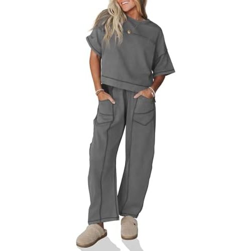Fisoew Womens 2 Piece Outfits Lounge Sets Short Sleeve Tops and Wide Leg Pants Travel Vacation Casual Matching Sets