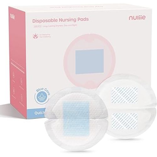 Nuliie High-Absorbency Blue Core Nursing Pads 200 Count, Disposable Breast Pads for Heavy Leaking, Stay Dry Day & Night, Leakproof, Individually Wrapped